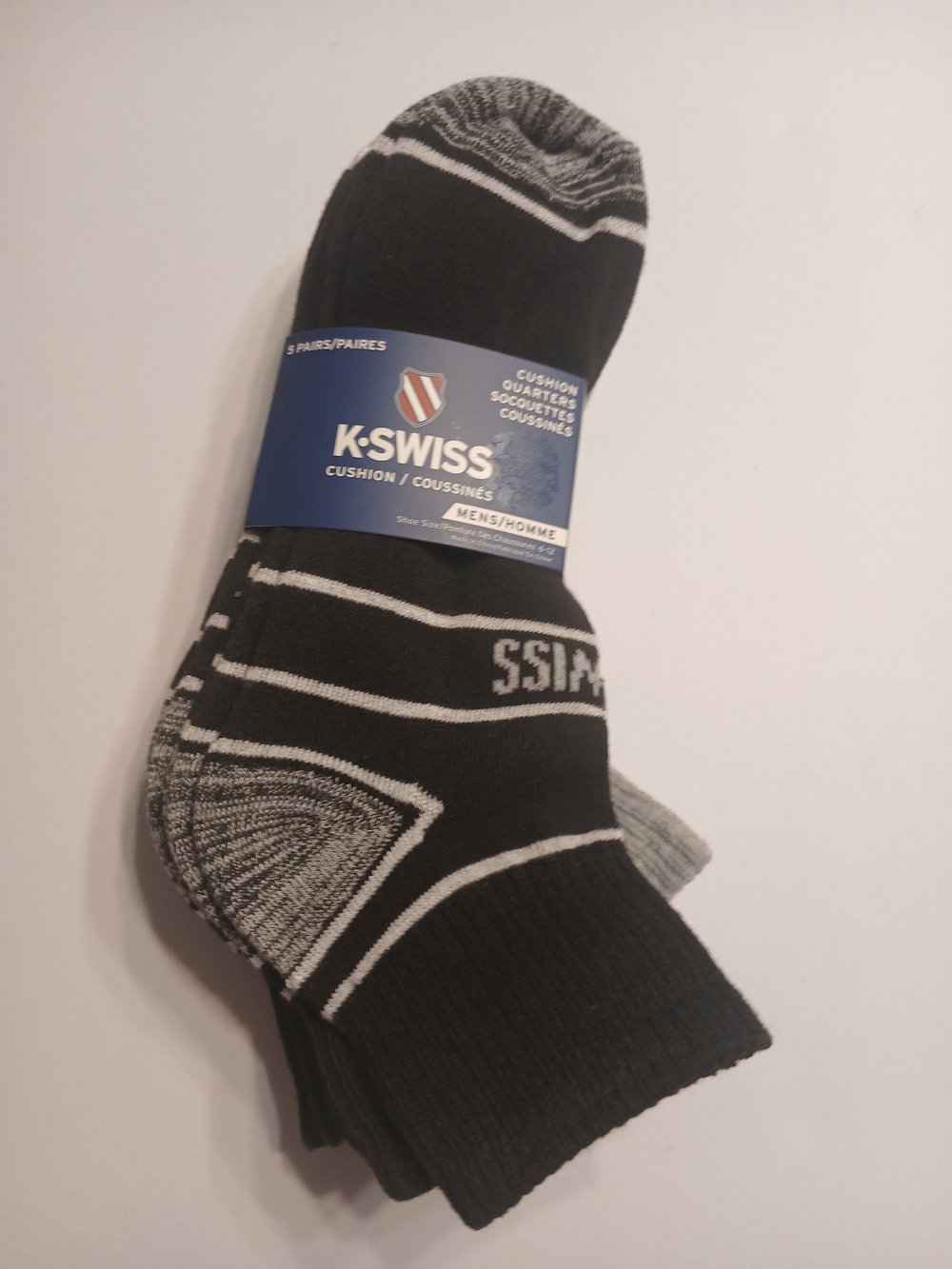 K-Swiss Men’s 5 Pair Cushioned Quarter Socks Black Gray Shoe Size 6-12 New